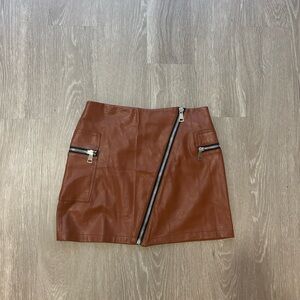 Cognac Brown Leather Mini Skirt with Zipper Detail